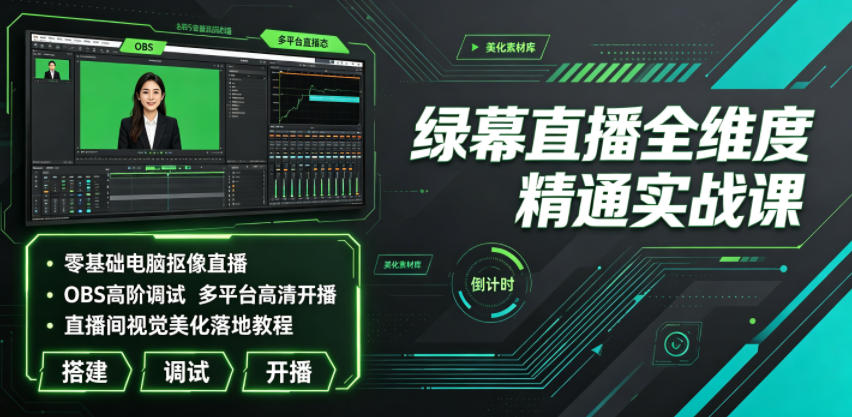 绿幕直播全维度精通实战课｜零基础电脑抠像直播、OBS高阶调试、多平台高清开播、直播间视觉美化落地教程-创薯资源