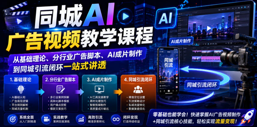 同城AI广告视频教学课程，从基础理论、分行业广告脚本、AI成片制作到同城引流闭环一站式讲透-创薯资源