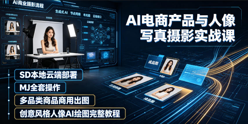 AI电商产品与人像写真摄影实战课｜SD本地云端部署、MJ全套操作、多品类商品商用出图、创意风格人像AI绘图完整教程-创薯资源
