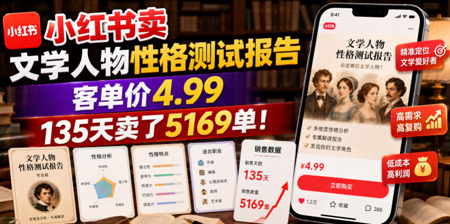 小红书卖文学人物性格测试报告，客单价4.99，135天卖了5169单！-创薯资源