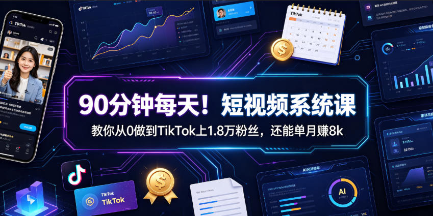 90分钟每天！短视频系统课教你从0做到TikTok上1.8万粉丝，还能单月賺8k【原创双语字幕】-创薯资源