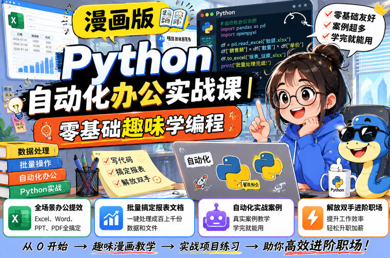 漫画版Python自动化办公实战课｜零基础趣味学编程，全场景办公提效、批量搞定报表文档、解放双手进阶职场-创薯资源