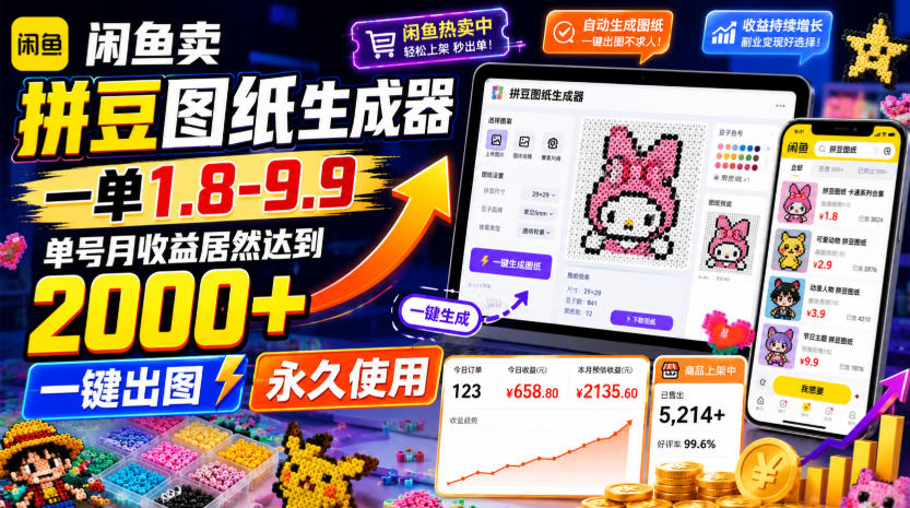 闲鱼卖拼豆图纸生成器，一单1.8-9.9，单号月收益居然达到2000+一键出图永久使用-创薯资源