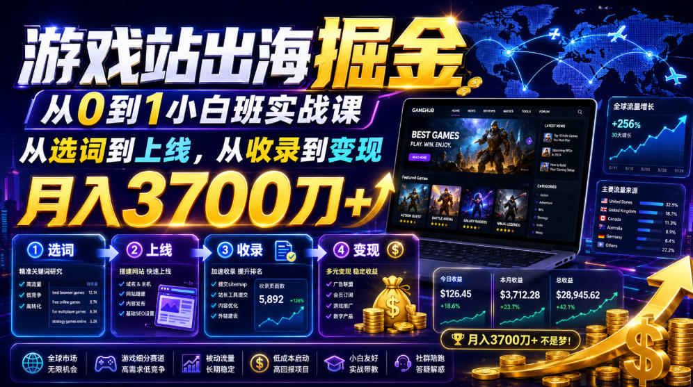 游戏站出海掘金从0到1小白实战课，从选词到上线，从收录到变现，月入3700刀+-创薯资源