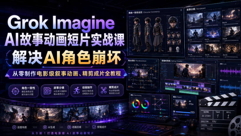 Grok Imagine AI故事动画短片实战课｜解决AI角色崩坏，从零制作电影级叙事动画、精剪成片全教程(中英字幕)-创薯资源