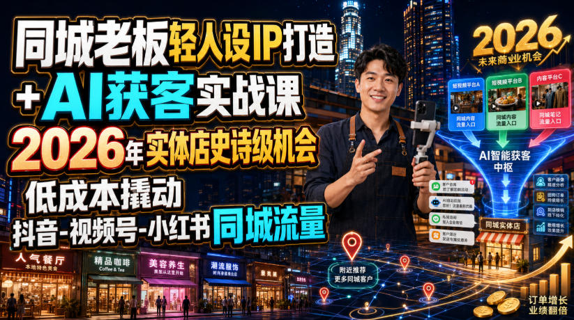 同城老板轻人设IP打造+AI获客实战课，2026年实体店史诗级机会，低成本撬动抖音-视频号-小红书同城流量-创薯资源