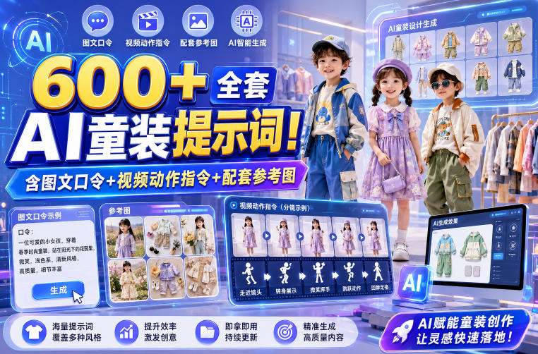 600+全套AI童装提示词！含图文口令+视频动作指令+配套参考图，Word-Excel规整分类，童装电商、种草无脑量产内容！-创薯资源