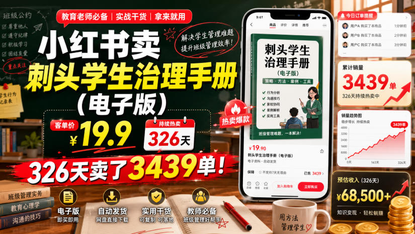 小红书卖刺头学生治理手册(电子版)，客单价19.9，326天卖了3439单！-创薯资源