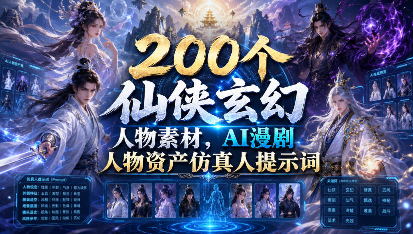 200个仙侠玄幻人物素材，AI漫剧人物资产仿真人提示词-创薯资源