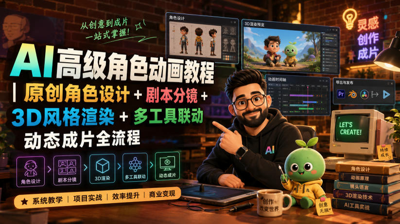 AI高级角色动画教程｜原创角色设计+剧本分镜+3D风格渲染+多工具联动动态成片全流程【中英字幕】-创薯资源