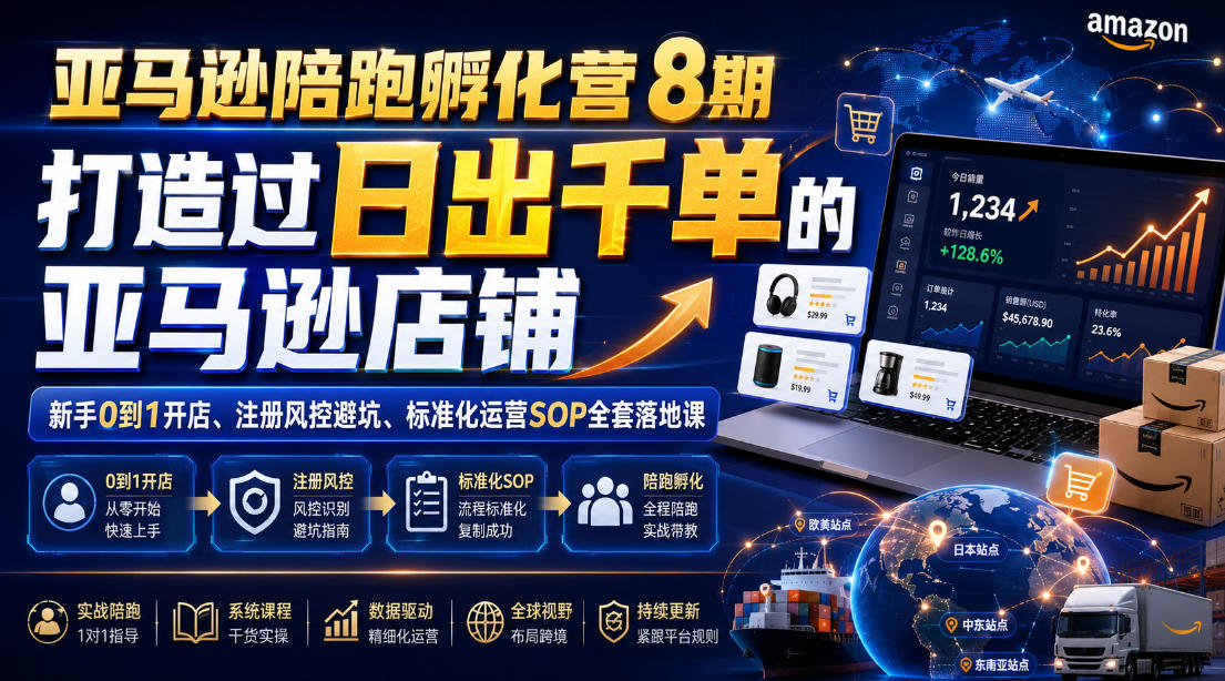 亚马逊陪跑孵化营8期，打造过日出千单的亚马逊店铺，新手0到1开店、注册风控避坑、标准化运营SOP全套落地课-创薯资源