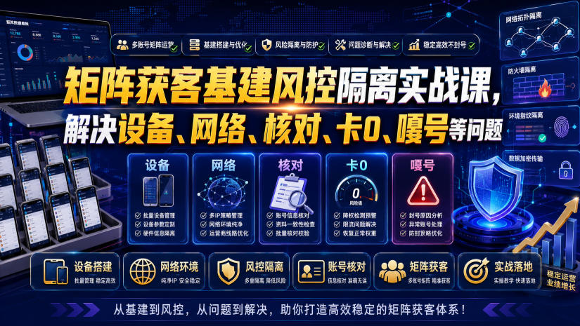 矩阵获客基建风控隔离实战课，解决设备、网络、核对、卡0、嘎号等问题-创薯资源