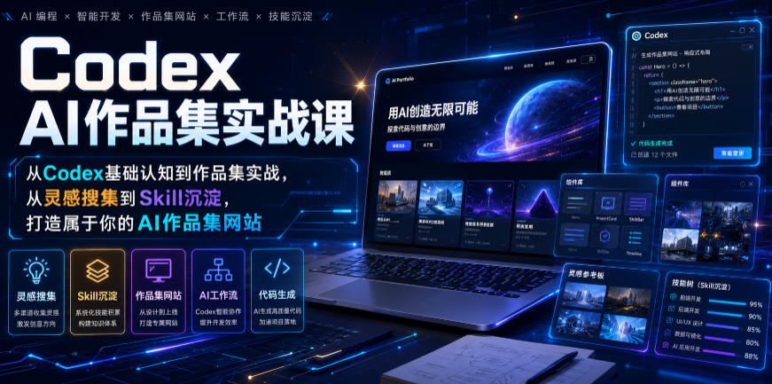 Codex AI作品集实战课，从Codex基础认知到作品集实战，从灵感搜集到Skill沉淀，打造属于你的AI作品集网站-创薯资源