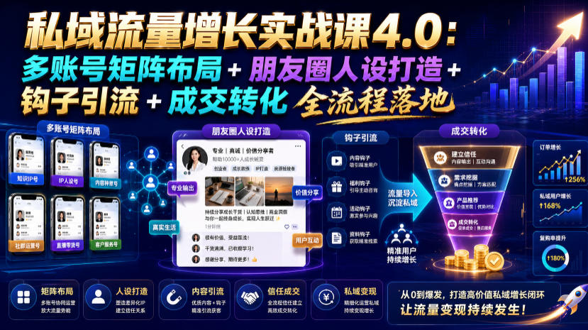 私域流量增长实战课4.0：多账号矩阵布局+朋友圈人设打造+钩子引流+成交转化全流程落地-创薯资源