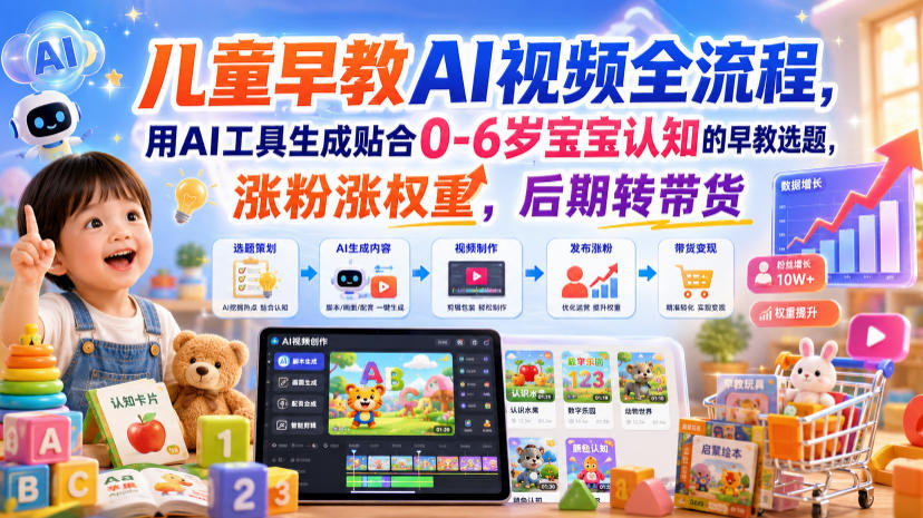 儿童早教AI视频全流程，用AI工具生成贴合0-6岁宝宝认知的早教选题，涨粉涨权重，后期转带货-创薯资源