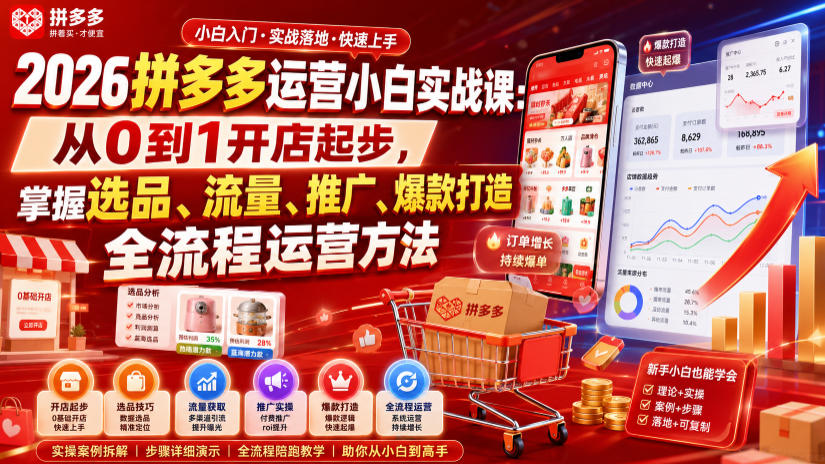 2026拼多多运营小白实战课：从0到1开店起步，掌握选品、流量、推广、爆款打造全流程运营方法-创薯资源