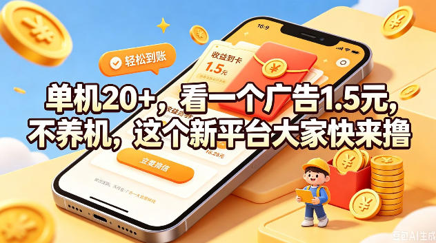 单机20+，看一个广告1.5米，不养机，这个新平台大家快来撸【揭秘】-创薯资源