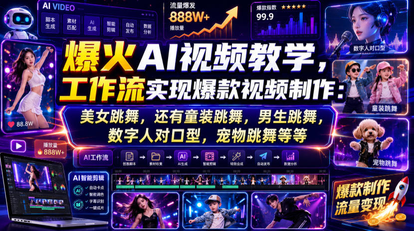 爆火AI视频教学，工作流实现爆款视频制作：美女跳舞，还有童装跳舞，男生跳舞，数字人对口型，宠物跳舞等等-创薯资源