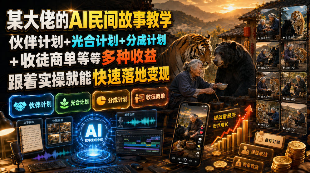 某大佬的AI民间故事教学，伙伴计划+光合计划+分成计划+收徒商单等多种收益，跟着实操就能快速落地变现-创薯资源