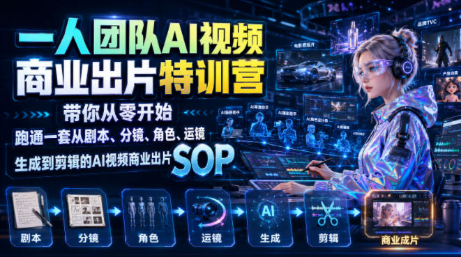 一人团队AI视频商业出片实战课：带你从零开始跑通一套从剧本、分镜、角色、运镜、生成到剪辑的AI视频商业出片SOP-创薯资源