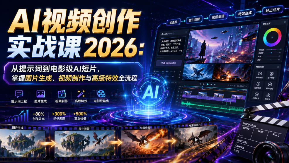 AI视频创作实战课2026：从提示词到电影级AI短片，掌握图片生成、视频制作与高级特效全流程-创薯资源