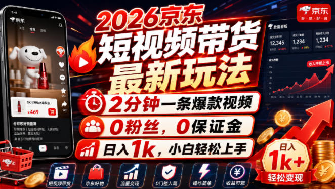 2026京东短视频带货最新玩法，2分钟一条爆款视频，0粉丝，0保证金，日入1k，小白轻松上手【揭秘】-创薯资源