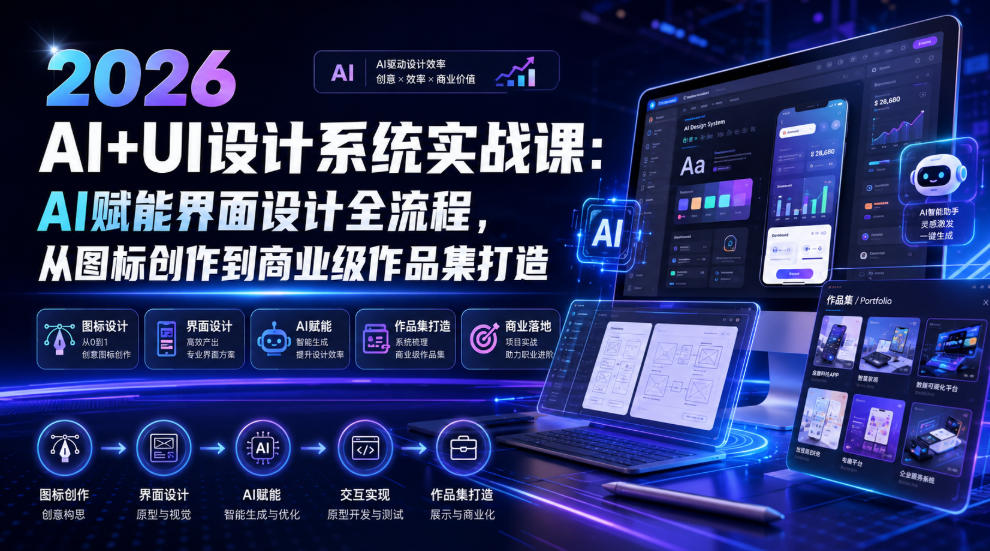2026 AI+UI设计系统实战课：AI赋能界面设计全流程，从图标创作到商业级作品集打造-创薯资源