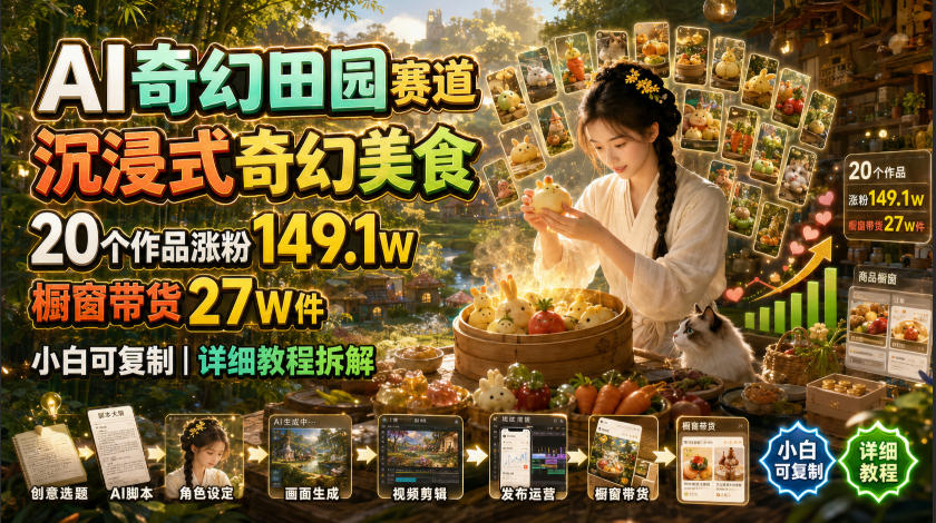 AI奇幻田园赛道，沉浸式奇幻美食，20个作品涨粉149.1W，橱窗带货27W件，小白可复制，详细教程拆解-创薯资源