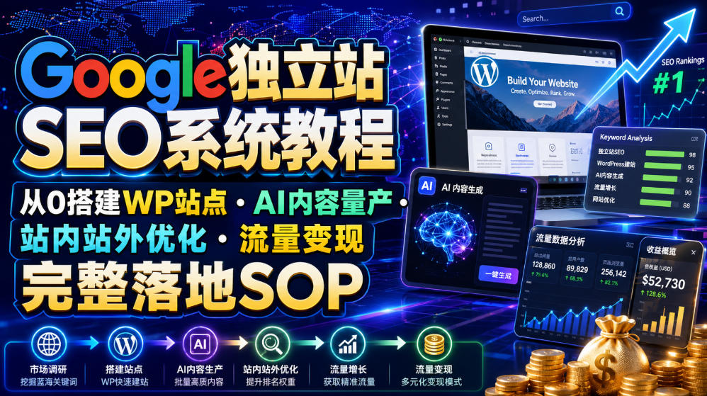 Google独立站SEO系统教程，从0搭建WP站点・AI内容量产・站内站外优化・流量变现完整落地SOP(2026年7月)-创薯资源