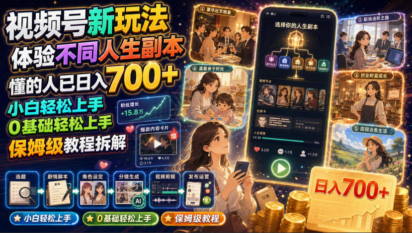 视频号新玩法体验不同人生副本，懂的人已日入700+，小白轻松上手，0基础轻松上手，保姆级教程拆解-创薯资源