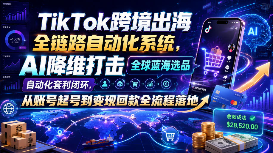 TikTok跨境出海全链路自动化系统，AI降维打击全球蓝海选品自动化套利闭环，从账号起号到变现回款全流程落地(2026年7月)-创薯资源