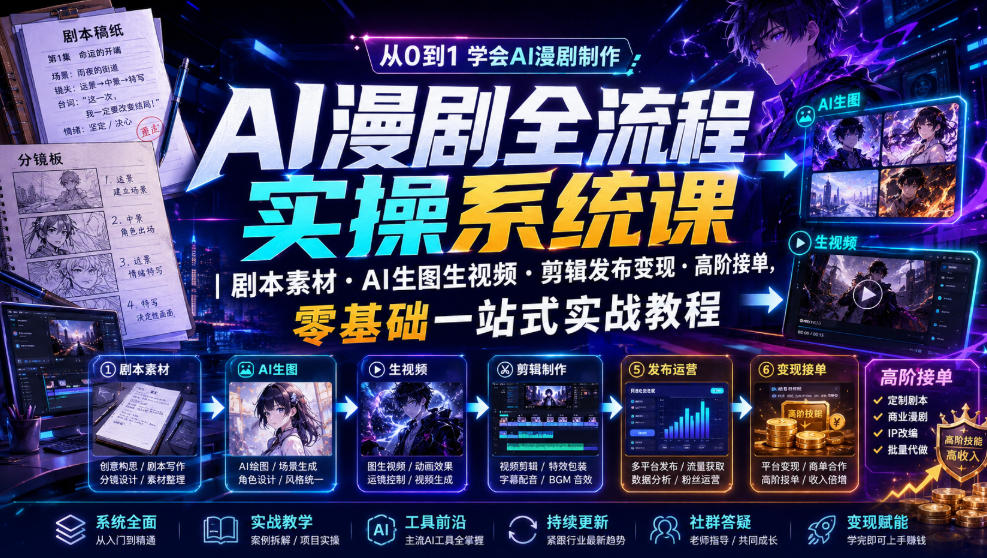 AI漫剧全流程实操系统课｜剧本素材・AI生图生视频・剪辑发布变现・高阶接单，零基础一站式实战教程-创薯资源