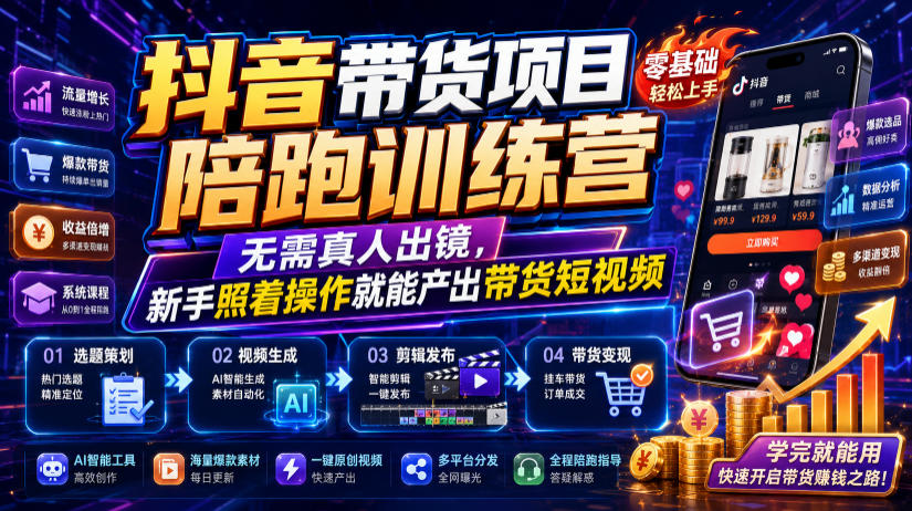 抖音带货项目陪跑训练营，无需真人出镜，新手照着操作就能产出带货短视频-创薯资源