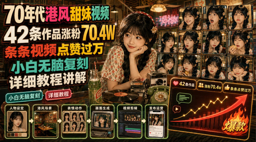70年代港风甜妹视频，42条作品涨粉70.4W，条条视频点赞过万，小白无脑复刻，详细教程讲解-创薯资源
