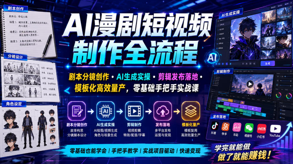 AI漫剧短视频制作全流程｜剧本分镜创作・AI生成实操・剪辑发布落地・模板化高效量产，零基础手把手实战课-创薯资源