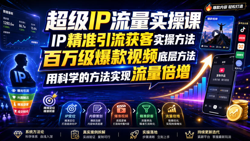 超级IP流量实操课，IP精准引流获客实操方法，百万级爆款视频底层方法，用科学的方法实现流量倍增-创薯资源