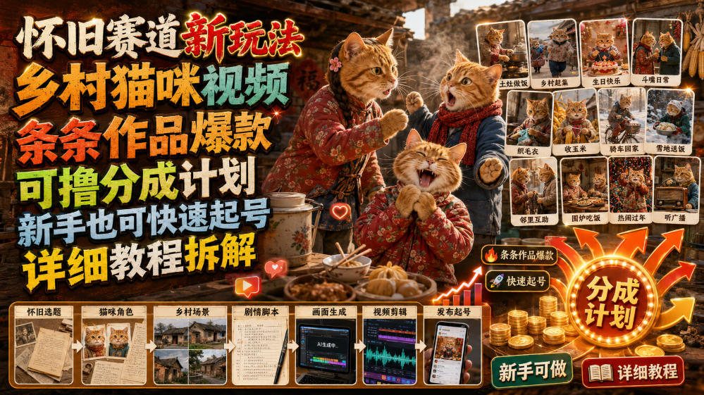 怀旧赛道新玩法，乡村猫咪视频，条条作品爆款，可撸分成计划，新手也可快速起号，详细教程拆解-创薯资源