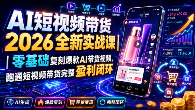 AI短视频带货2026全新实战课｜零基础复刻爆款AI带货视频，跑通短视频带货完整盈利闭环-创薯资源