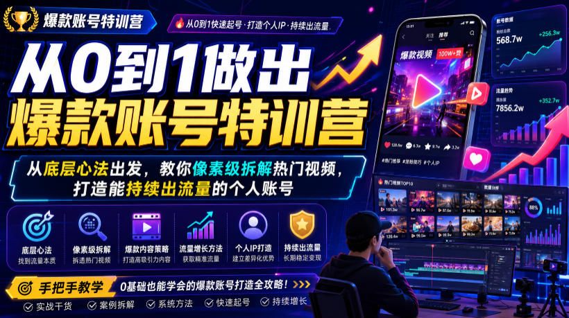 从0到1做出爆款账号特训营，从底层心法出发，教你像素级拆解热门视频，打造能持续出流量的个人账号-创薯资源