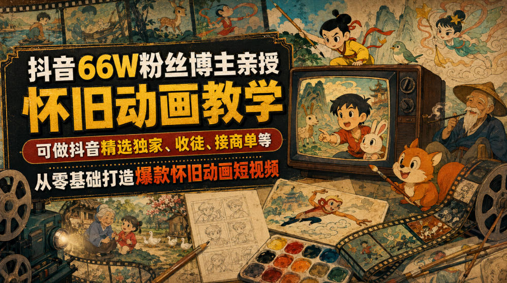 抖音66W粉丝博主亲授怀旧动画教学，可做抖音精选独家、收徒、接商单等，从零基础打造爆款怀旧动画短视频-创薯资源
