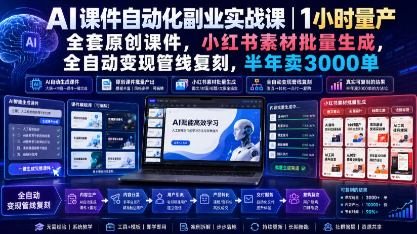 AI课件自动化副业实战课｜1小时量产全套原创课件，小红书素材批量生成，全自动变现管线复刻，半年卖3000单-创薯资源