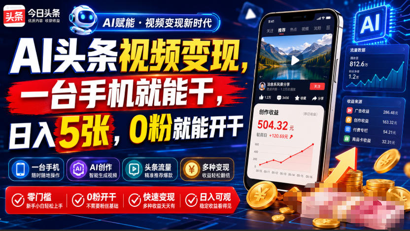 AI头条视频变现，一台手机就能干，日入5张，0粉就能开干-创薯资源