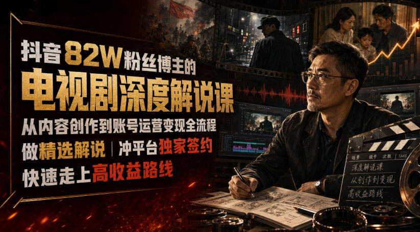 抖音82W粉丝博主的电视剧深度解说课，从内容创作到账号运营变现全流程，做精选解说，冲平台独家签约，快速走上高收益路线-创薯资源