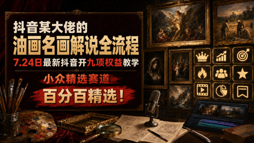 抖音某大佬的油画名画解说全流程，7.24日最新抖音开九项权益教学，小众精选赛道，百分百精选！-创薯资源
