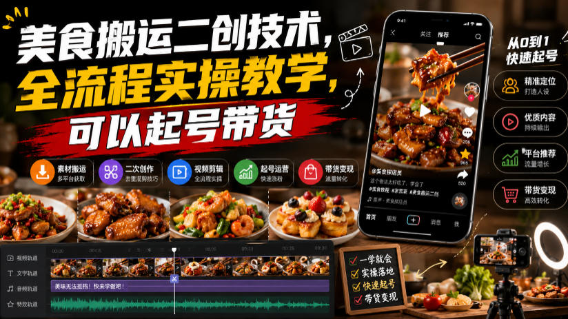 美食搬运二创技术，全流程实操教学，可以起号带货-创薯资源