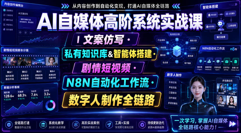 AI自媒体高阶系统实战课｜文案仿写・私有知识库&智能体搭建・剧情短视频・N8N自动化工作流・数字人制作全链路-创薯资源