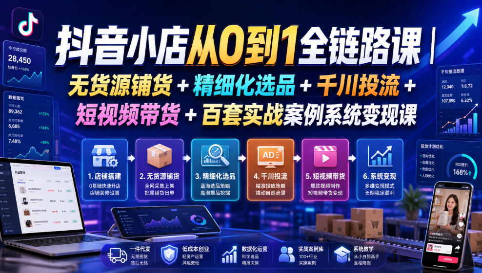 抖音小店从0到1全链路课｜无货源铺货+精细化选品+千川投流+短视频带货+百套实战案例系统变现课(2026年7月更新)-创薯资源