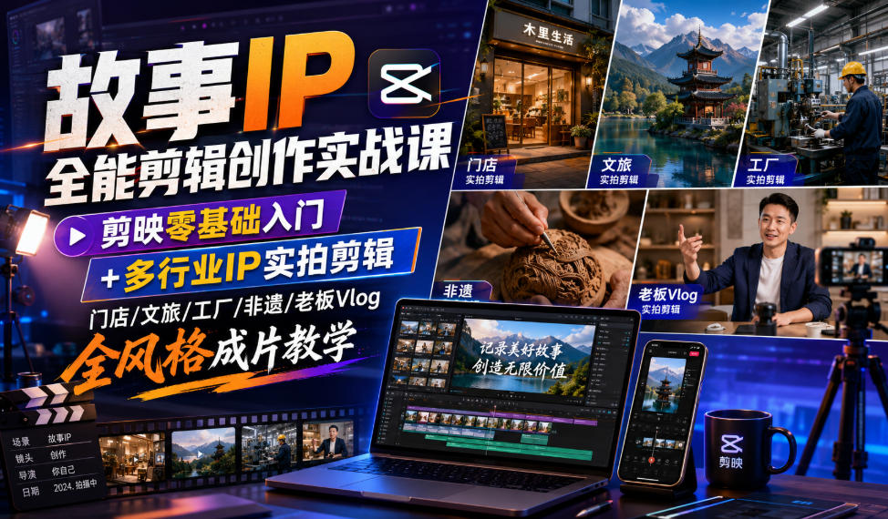 故事IP全能剪辑创作实战课｜剪映零基础入门+多行业IP实拍剪辑，门店/文旅/工厂/非遗/老板Vlog全风格成片教学-创薯资源