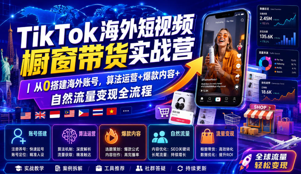 TikTok海外短视频橱窗带货实战营｜从0搭建海外账号，算法运营+爆款内容+自然流量变现全流程-创薯资源