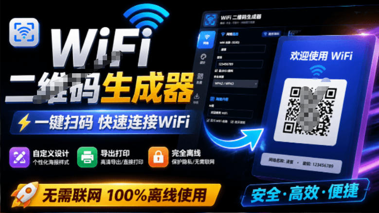 完全离线使用！WiFi二维码生成器，一键扫码快速连接WiFi，支持自定义风格导出WiFi二维码生成器-创薯资源